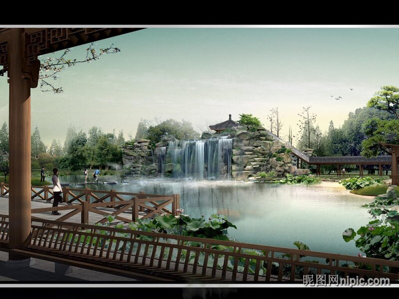 Garden with waterfall and pavilion