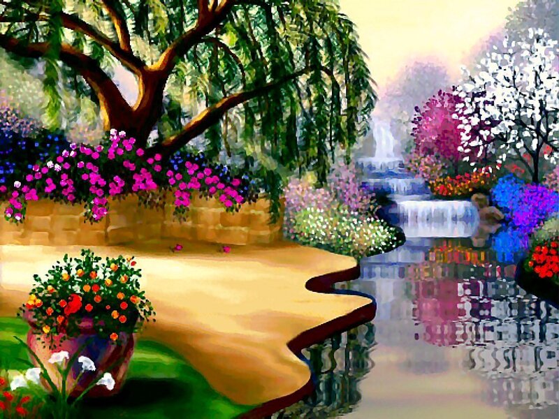 Garden with Waterfall — Green, Serene, Afternoon, Painting, Tree