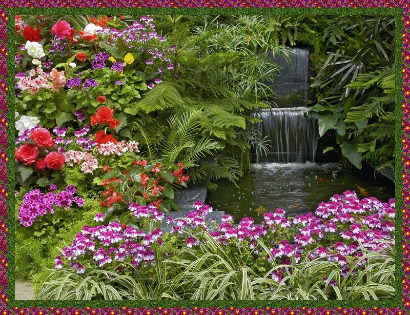 Garden with Waterfall — Green, Serene, Afternoon, Photograph, Flowers, Plants, Pond