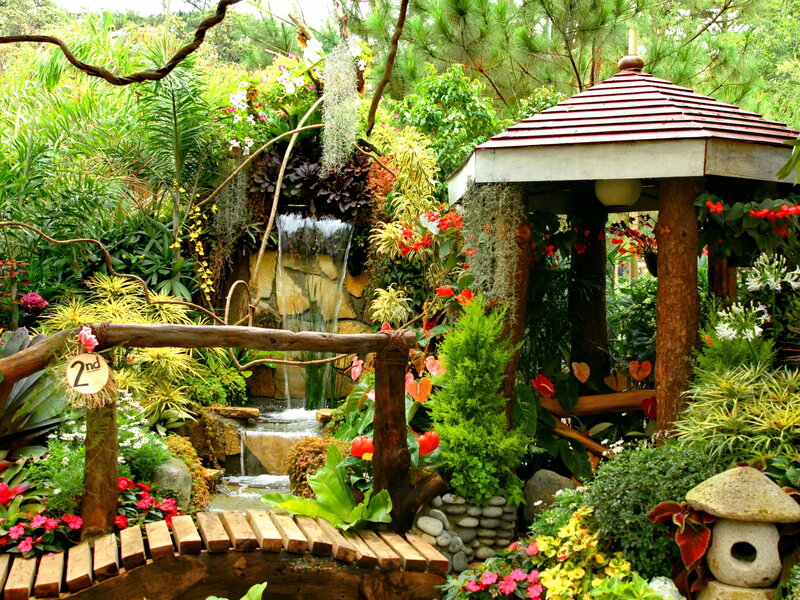 Garden with Waterfall — Green, Serene, Afternoon, Photograph, Gazebo