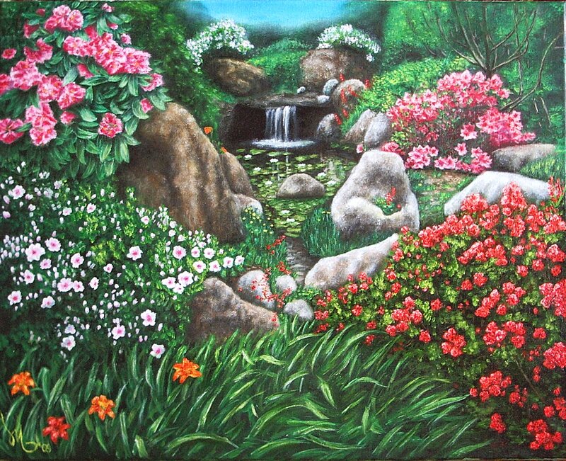 Garden with Waterfall — Green, Serene, Spring, Painting