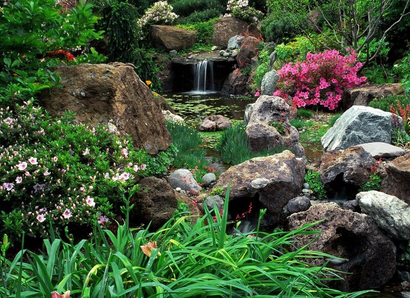 Garden with Waterfall — Green, Serene