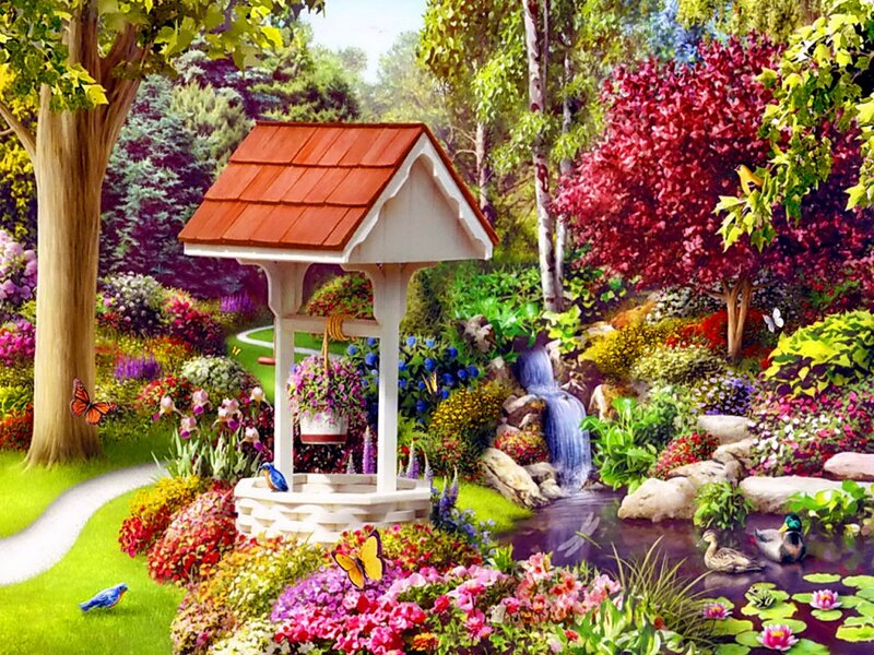 Garden with Well and Pond — Green, Serene