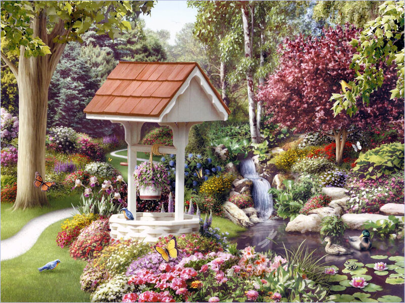 Garden with well and waterfall