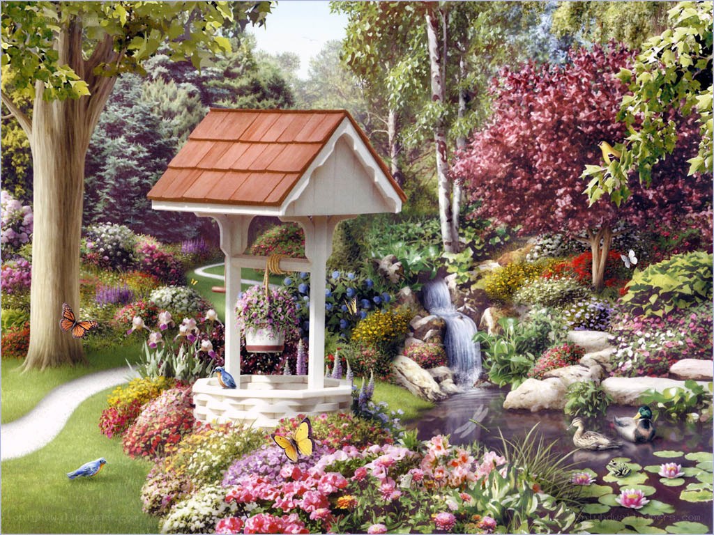 Garden with well and waterfall