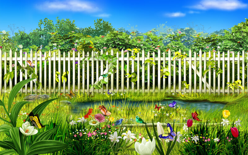 Garden with White Fence — Green, Serene, Afternoon, Digital Art, Butterflies