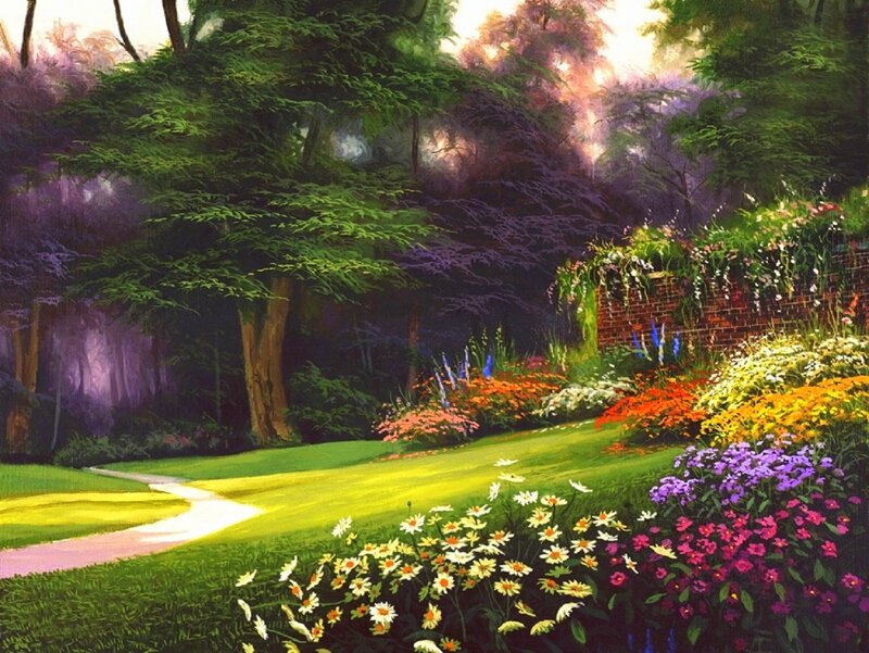 Garden with Winding Path — Green, Serene, Afternoon, Painting, Flowers