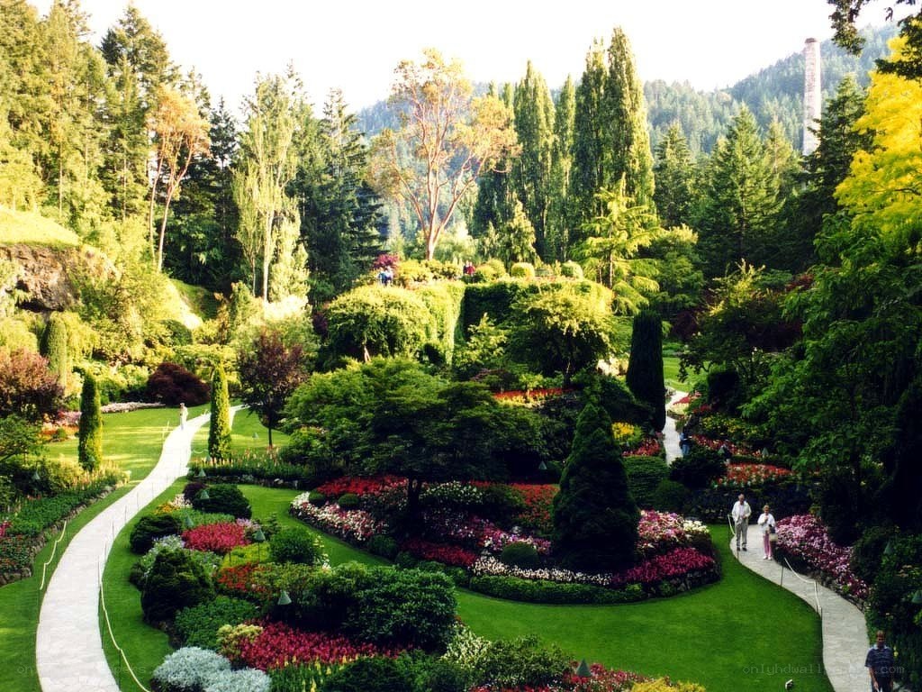 Garden with winding paths and flowers