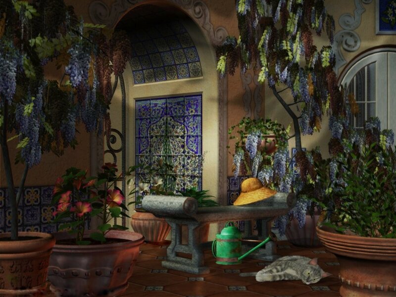 garden with wisteria and cat