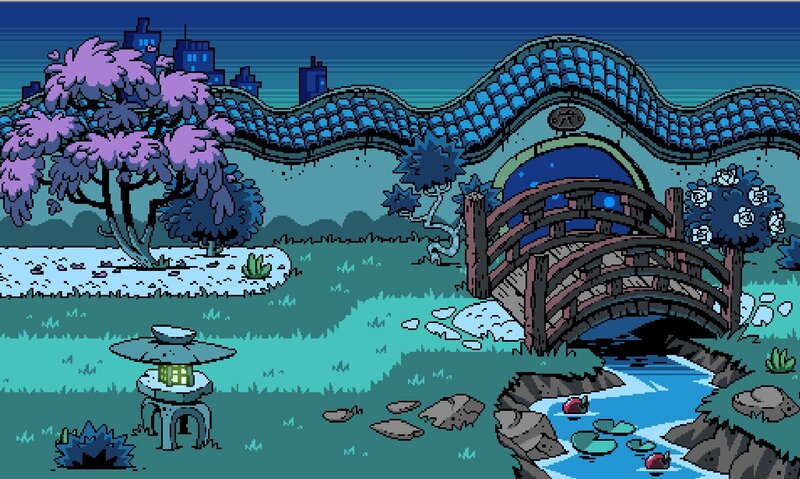 Garden with Wooden Bridge — Blue