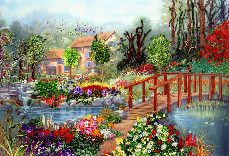 Garden with Wooden Bridge — Green, Serene