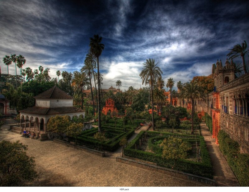 Gardens of Seville under dramatic sky