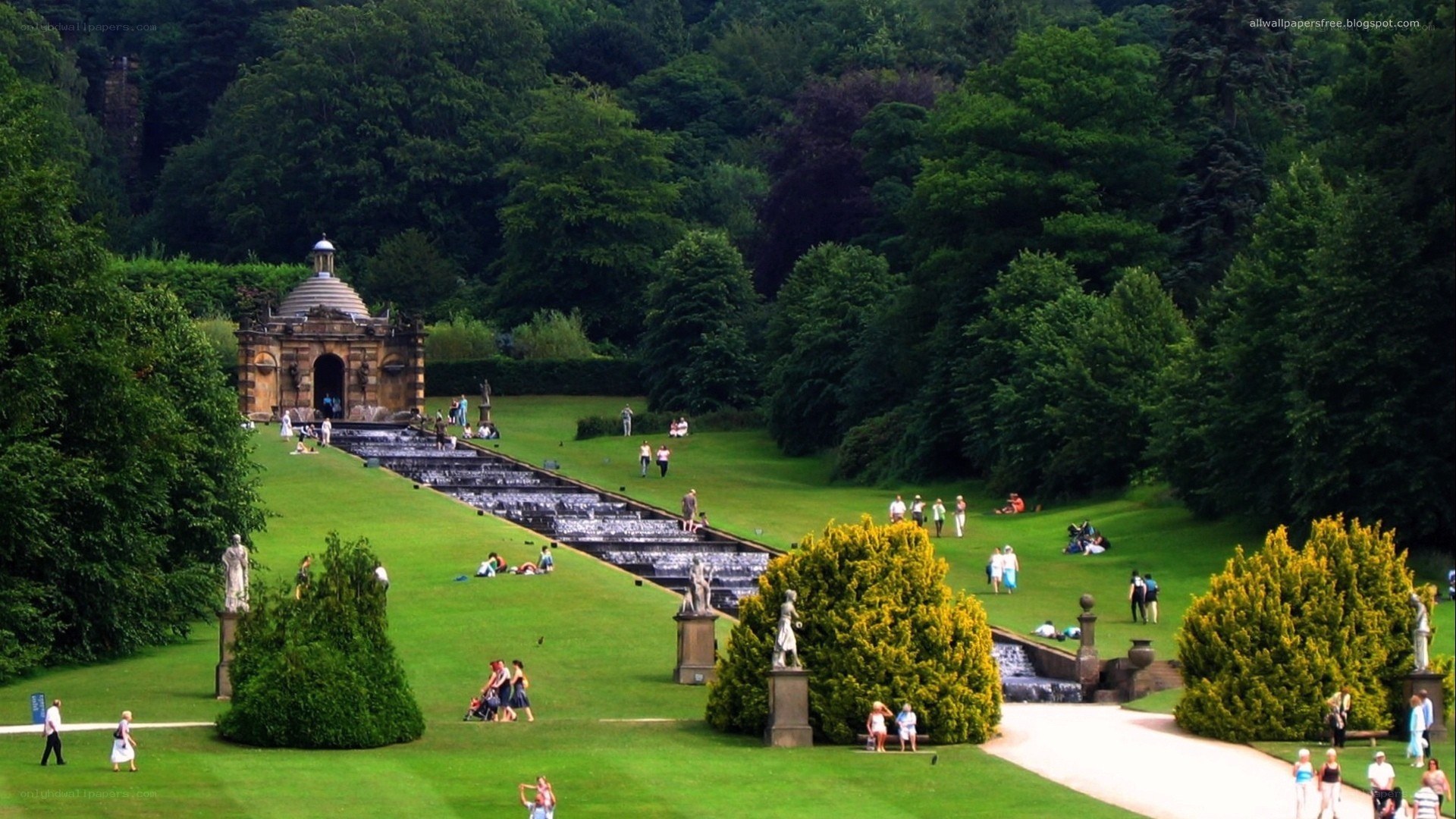 Gardens with fountain and temple