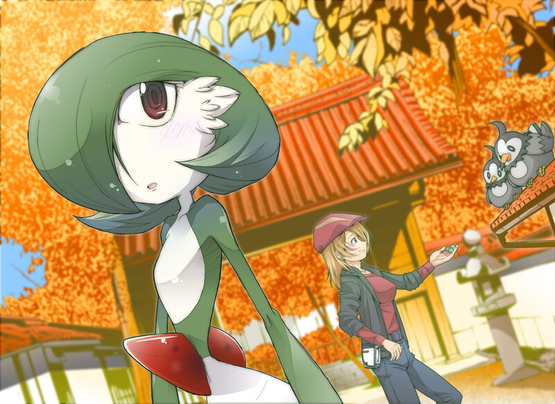 Gardevoir and trainer in autumn