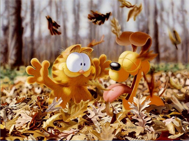 Garfield and Odie in autumn leaves