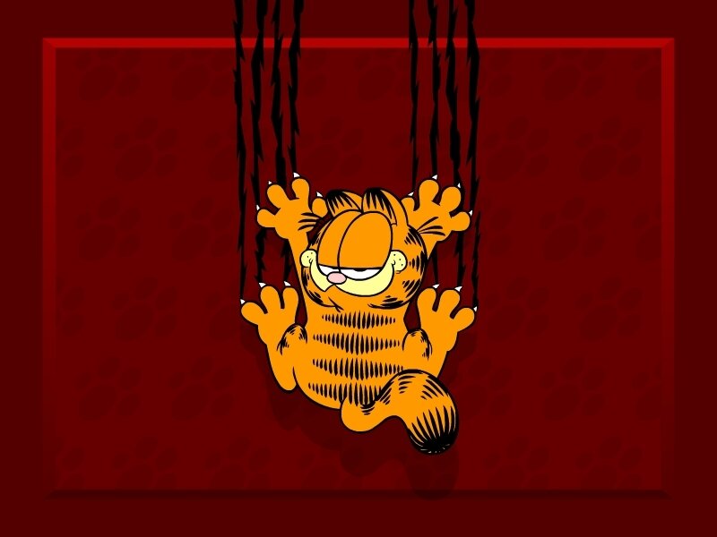 Garfield hanging from ropes