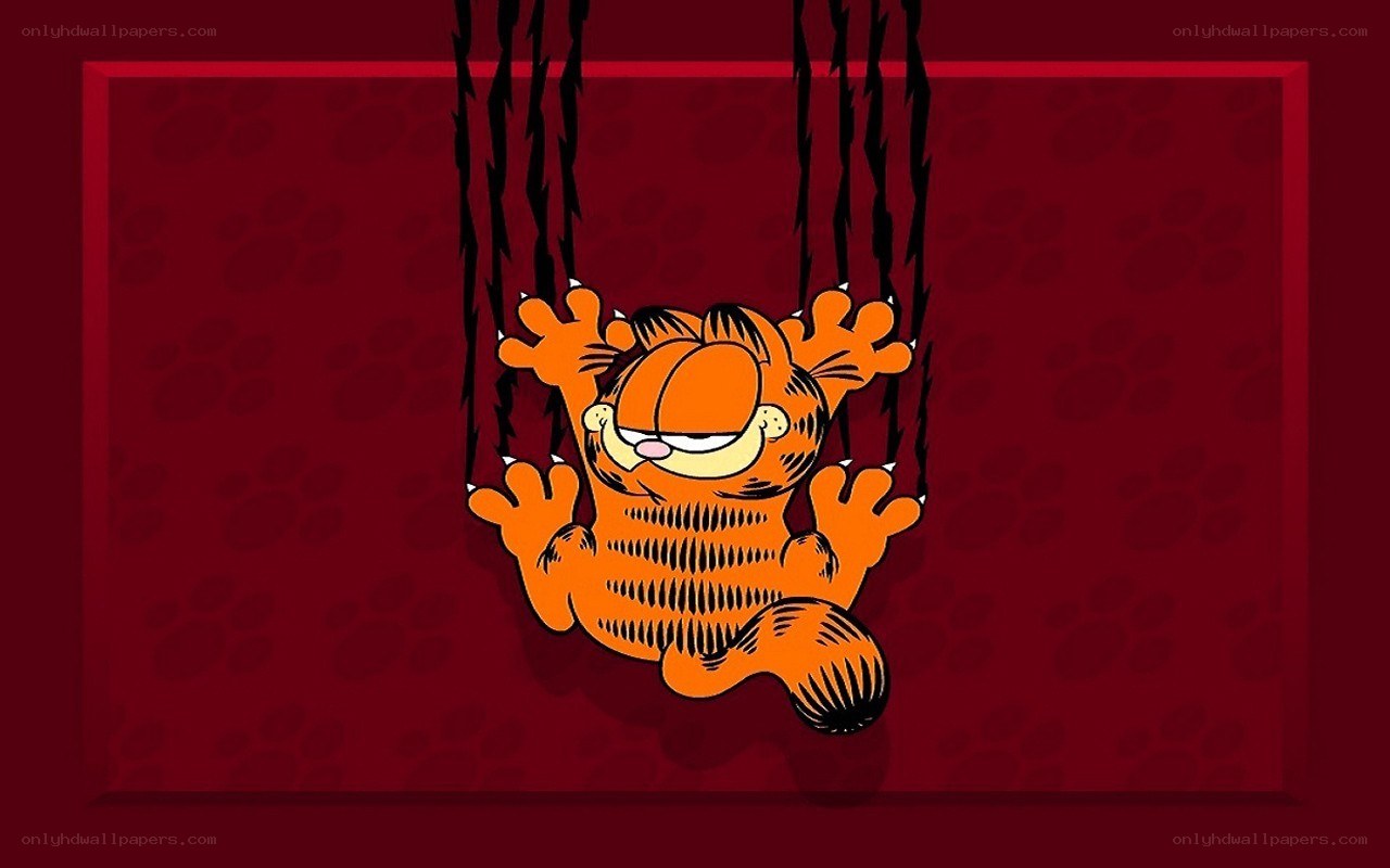Garfield hanging from ropes