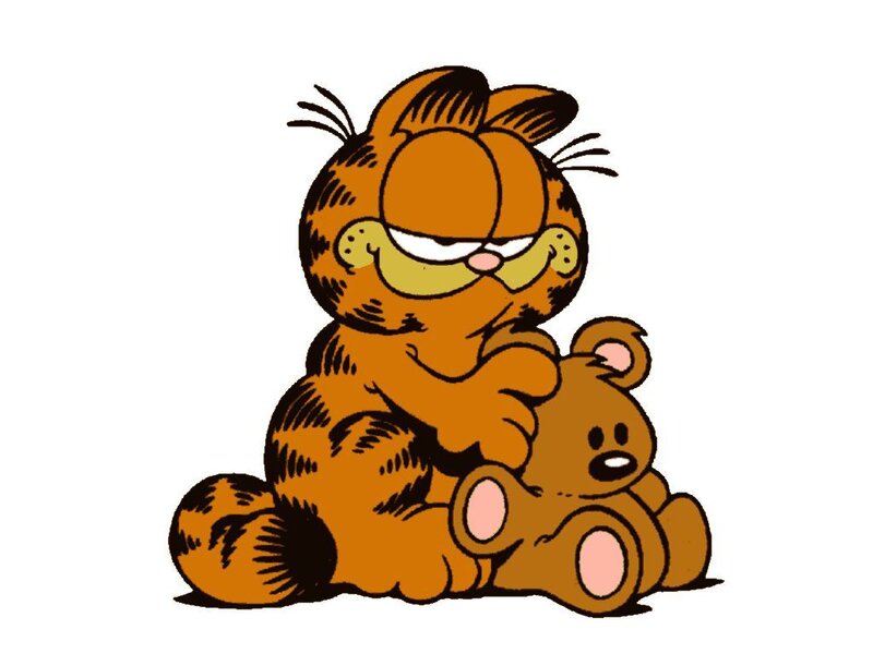 Garfield hugging a teddy bear
