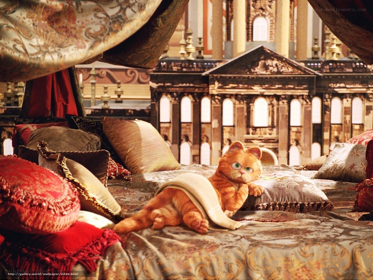 Garfield on a lavish bed