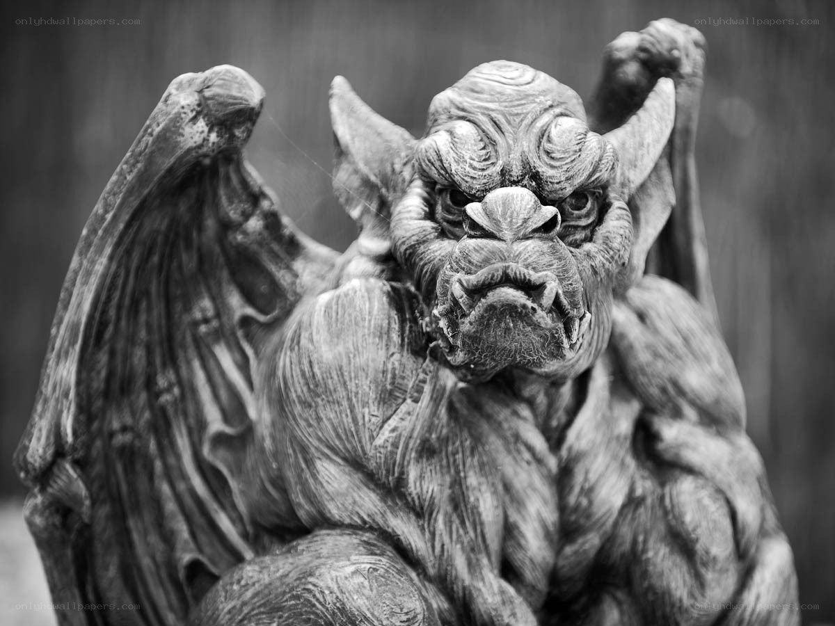 Gargoyle statue in black and white