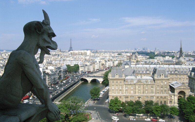 Gargoyle Statue Overlooking City — Blue, Serene