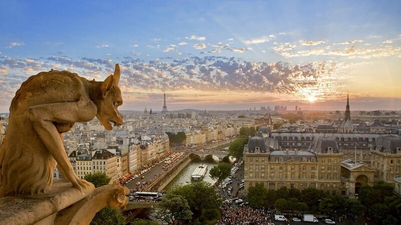 Gargoyle view of Paris at sunset
