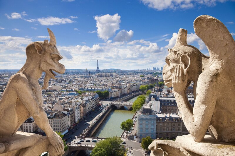 Gargoyles overlook Paris cityscape