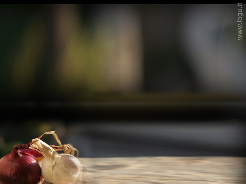 garlic and onion on wooden surface