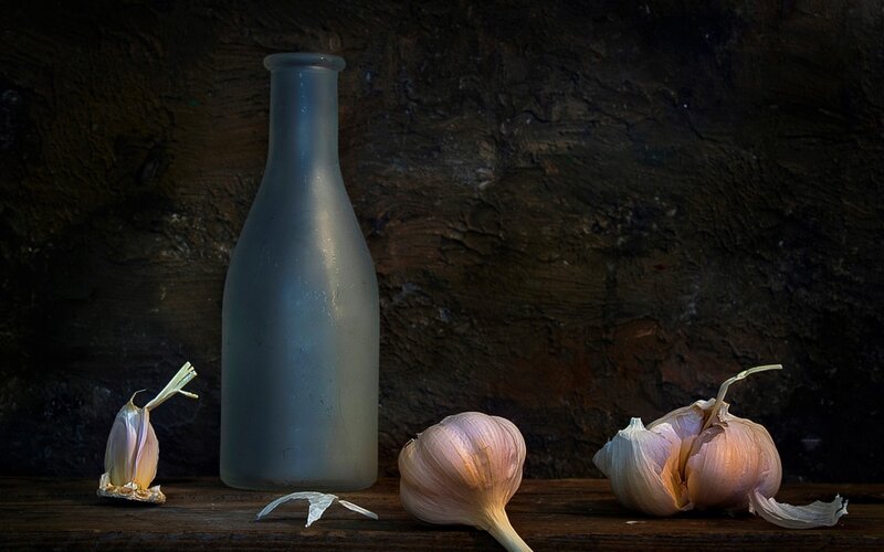 Garlic Bulbs and Bottle