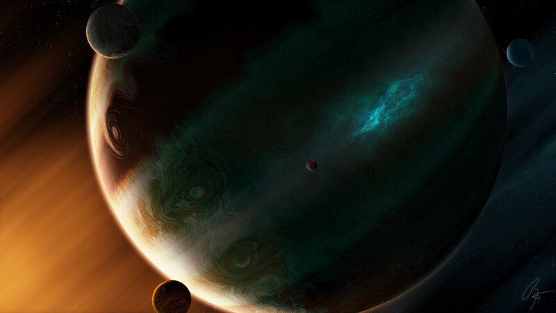 Gas Giant Planet System — Green, Dramatic, Night, Digital Art