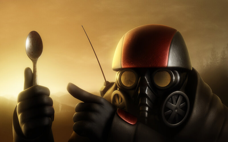 gas mask character with spoon