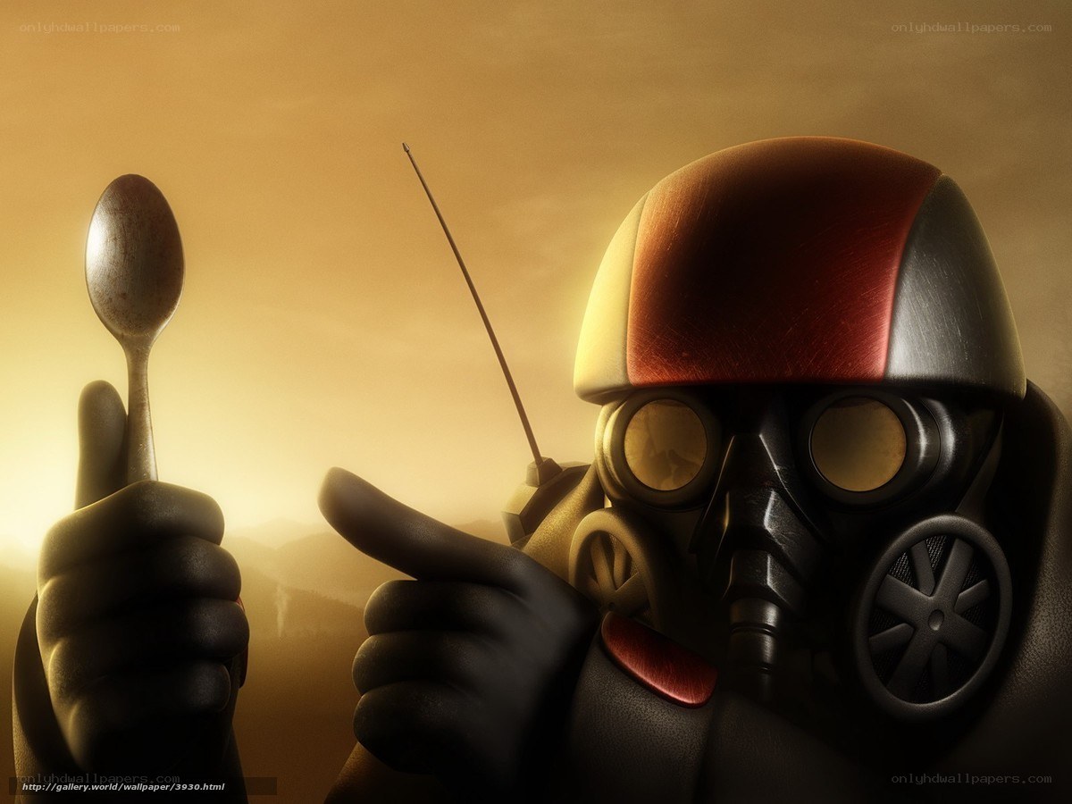 gas mask character with spoon