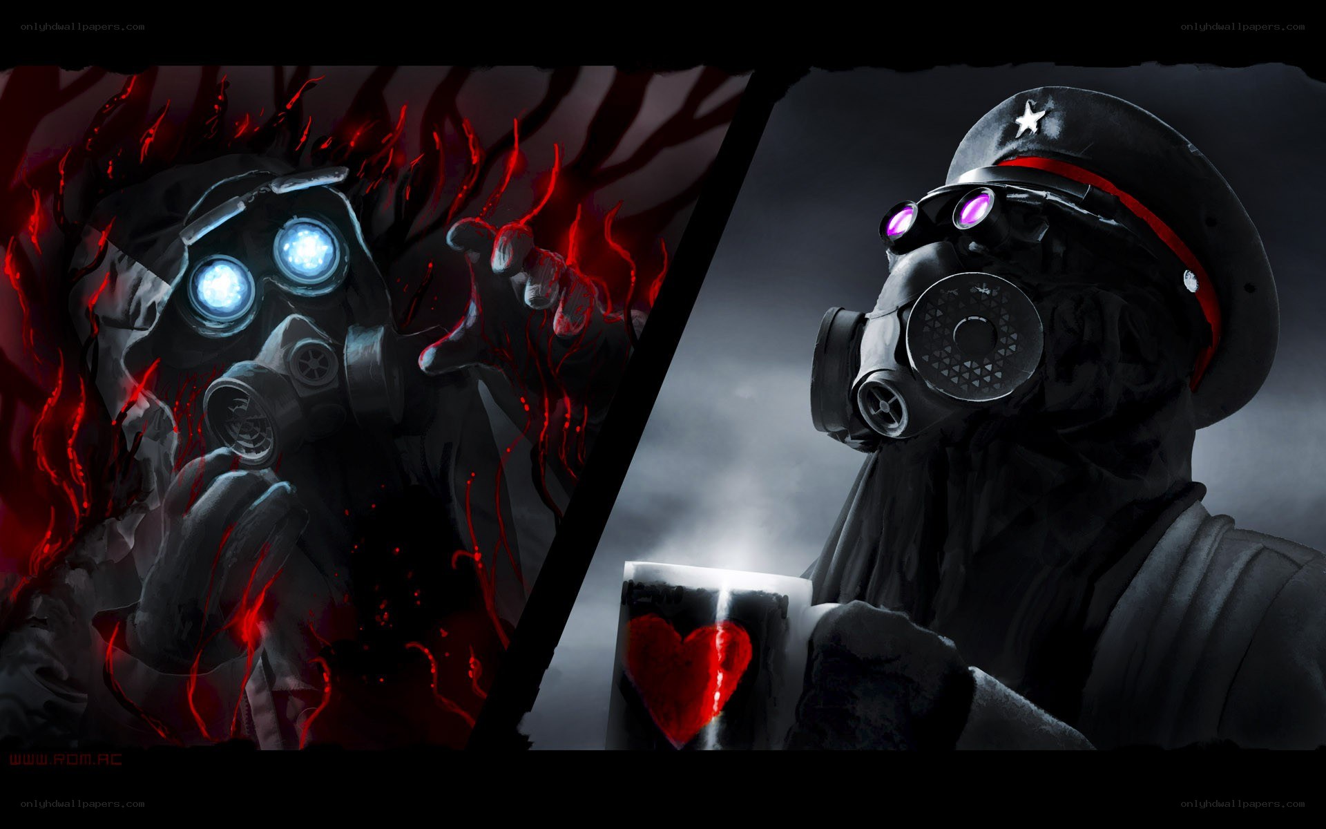 gas mask characters in dark scene