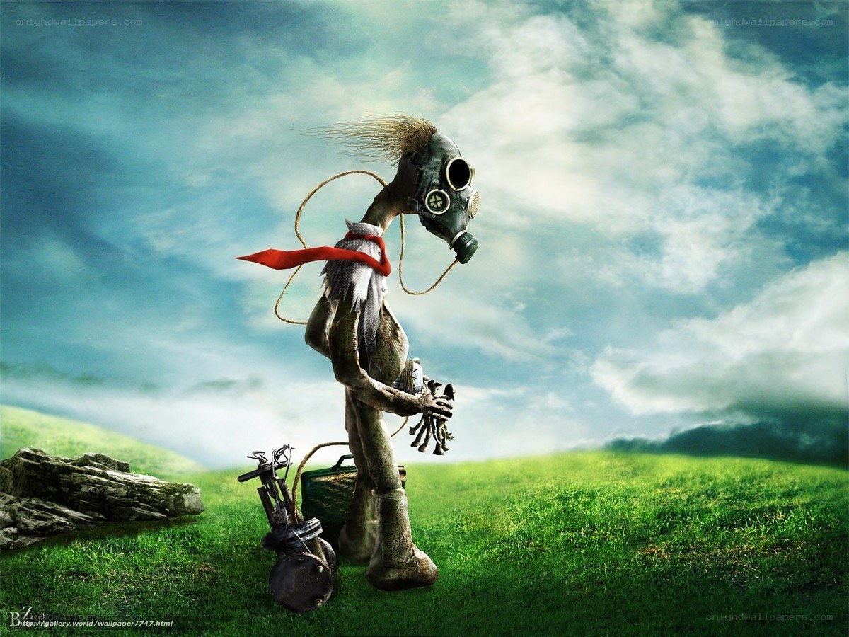 Gas mask creature in field