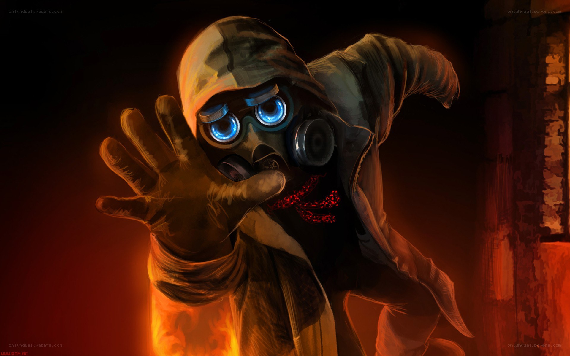 gas mask figure in flames