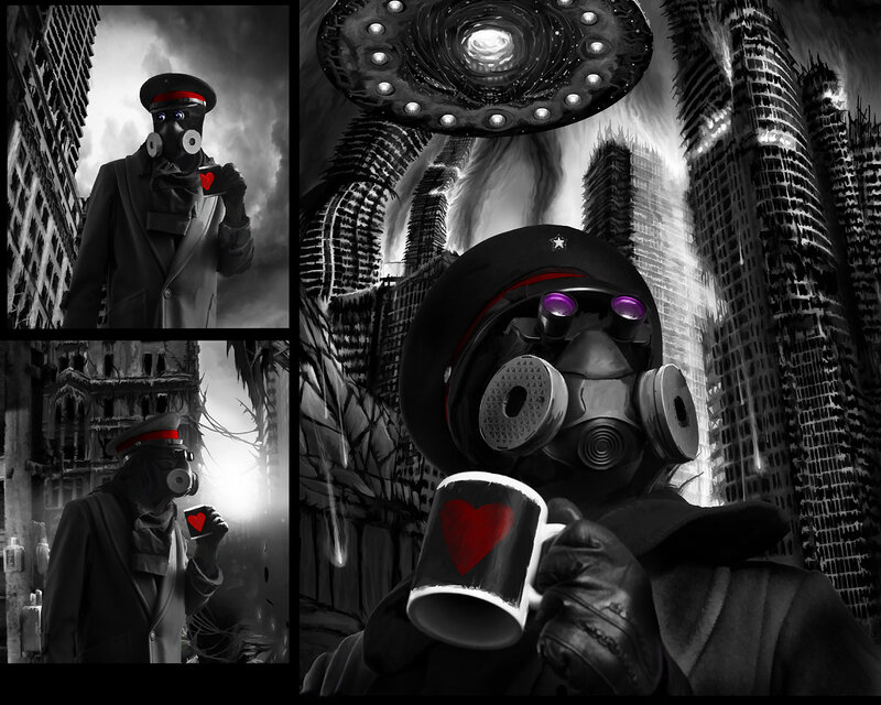 gas mask figure in ruined city