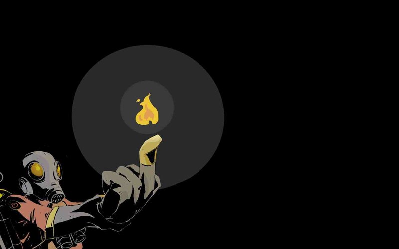 gas mask figure with flame