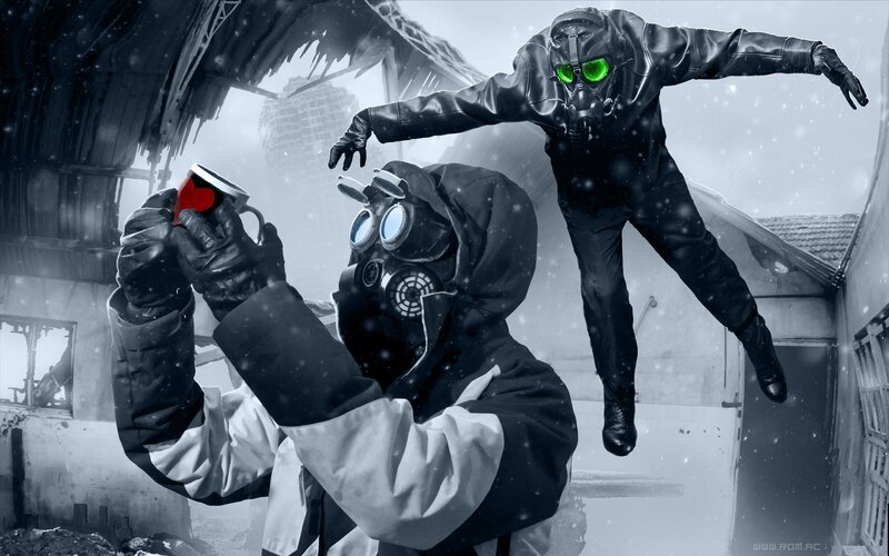 Gas mask figures in snowy ruin