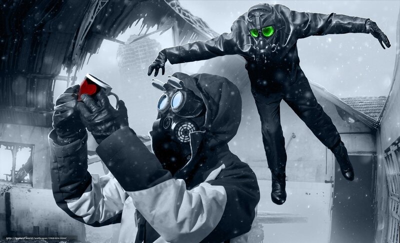 Gas mask figures in snowy ruin