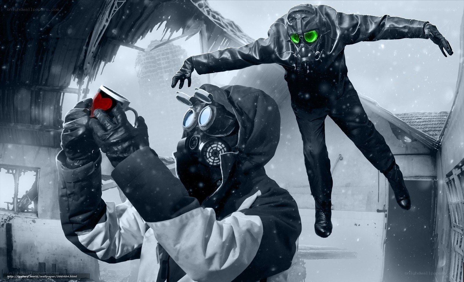 Gas mask figures in snowy ruin