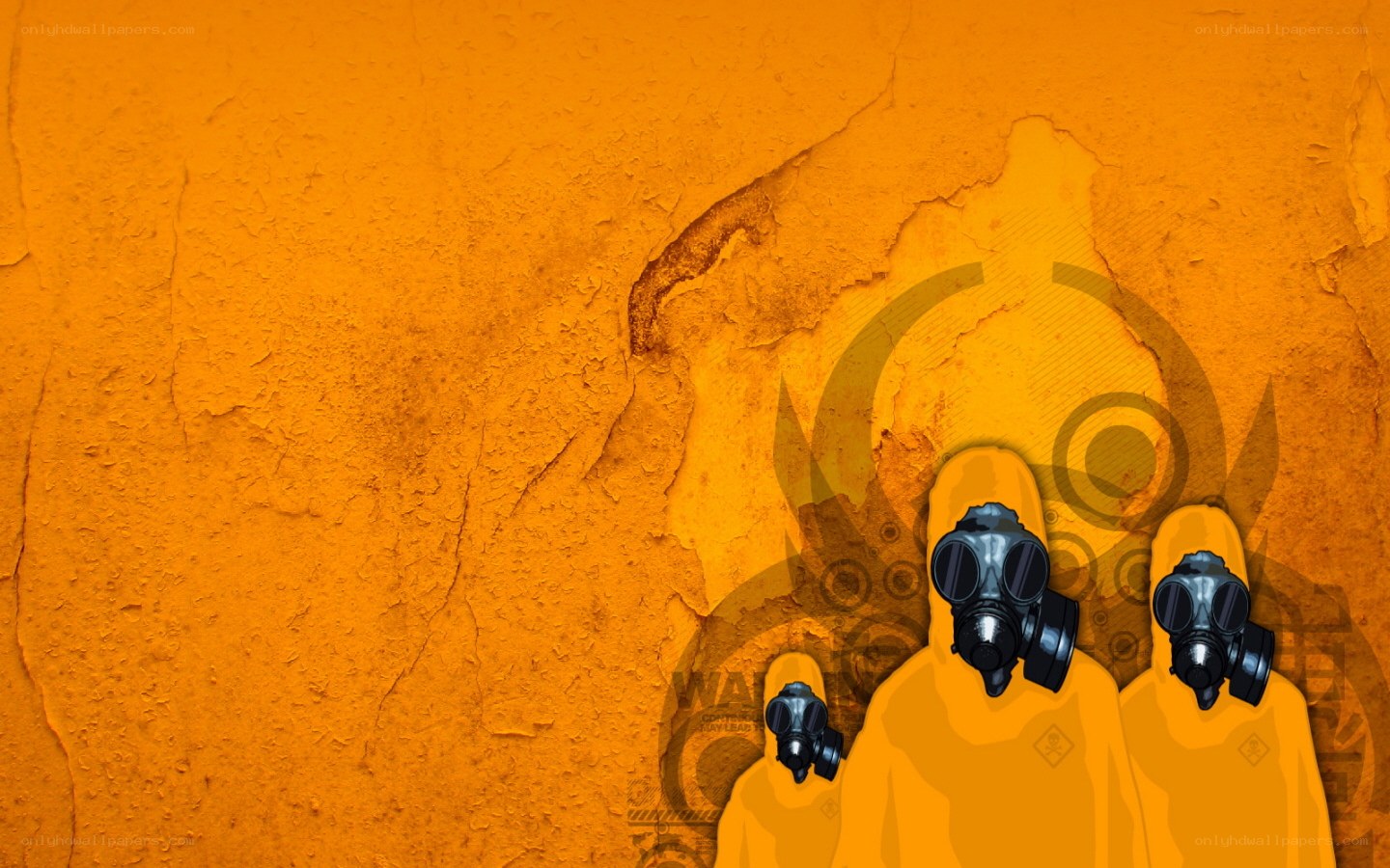 gas mask figures on orange wall