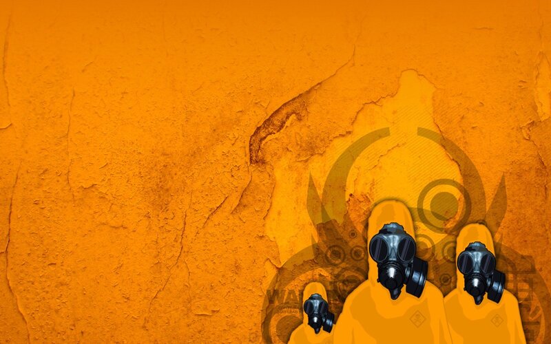 gas mask figures on orange wall