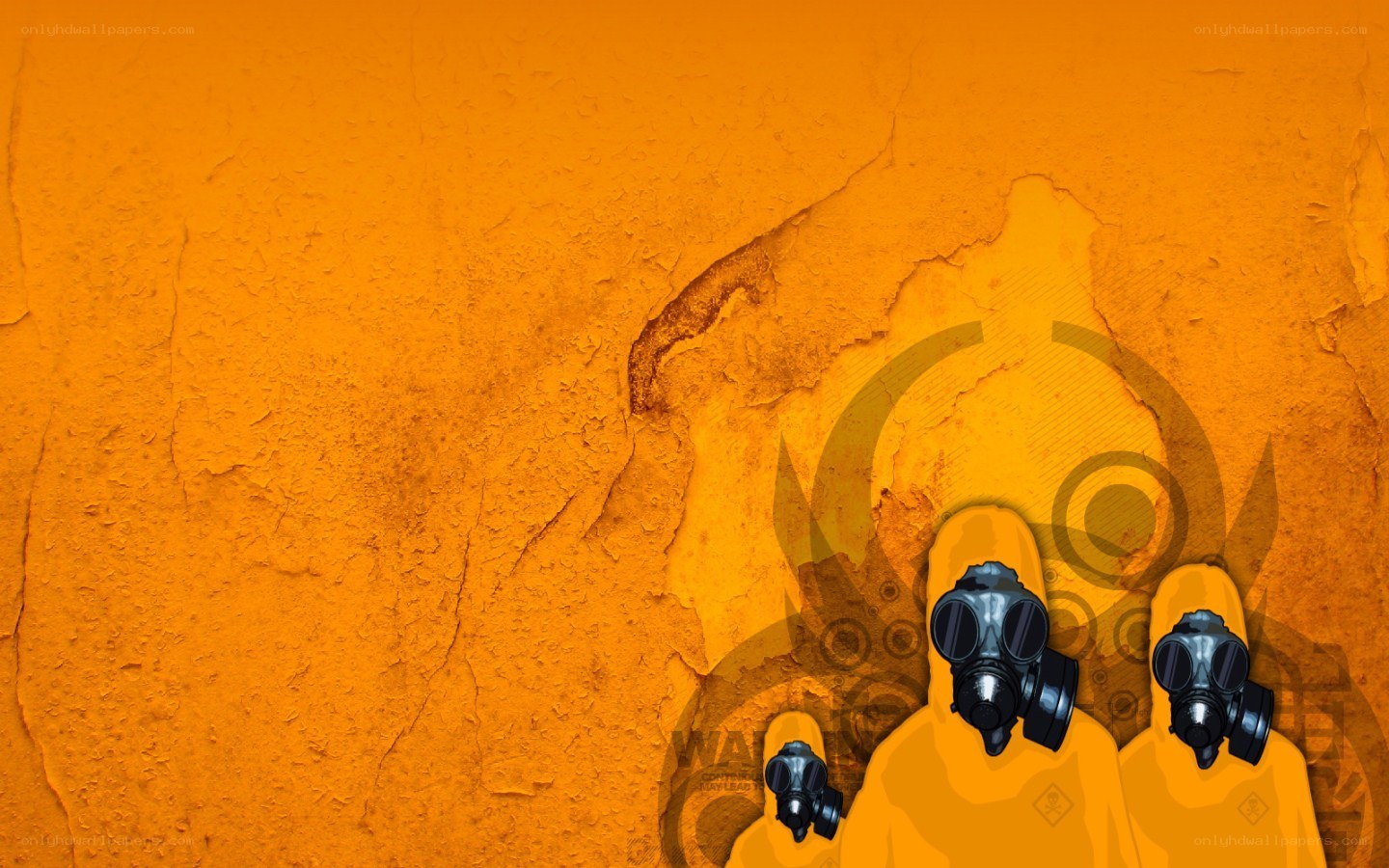 gas mask figures on orange wall
