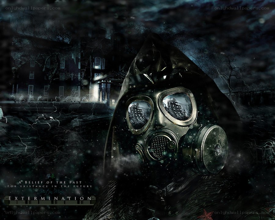Gas mask in a dark landscape