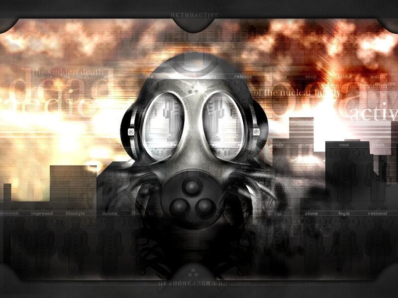 Gas mask in apocalyptic scene