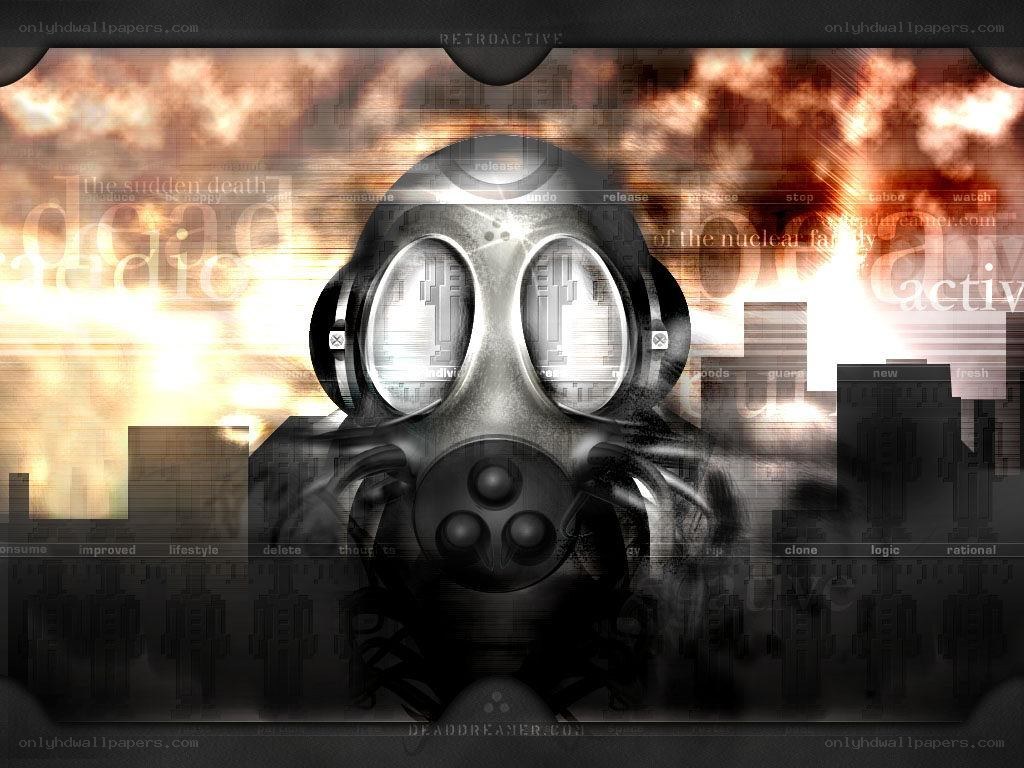 Gas mask in apocalyptic scene