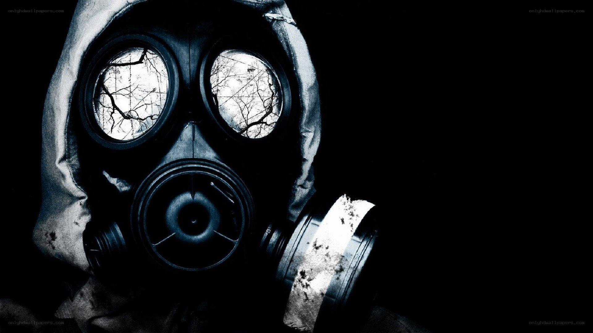 gas mask in dark forest
