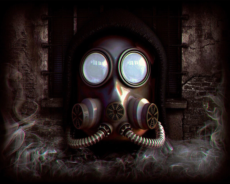 gas mask in dark room