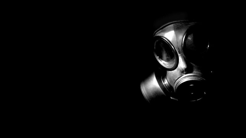 Gas Mask in Darkness — Black, Dramatic, Photograph