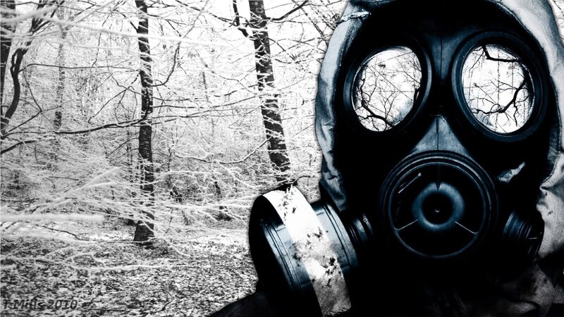 Gas mask in snowy forest